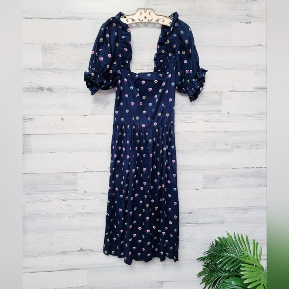 Vintage Mary Blair Navy Blue Floral Print Puff Sleeve Dress - Picture 4 of 5